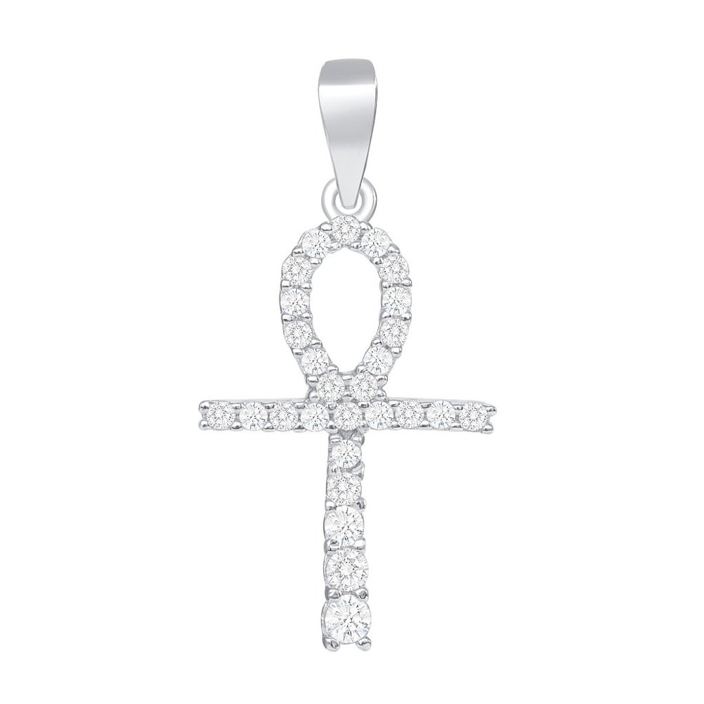 Silver 925 Rhodium Plated Cubic Zirconia Anchor Cross Pendant